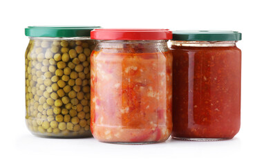 Many jars with different pickled products isolated on white