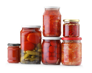 Many jars with different pickled products isolated on white