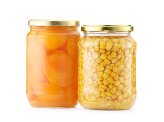 Tasty pickled products in jars isolated on white