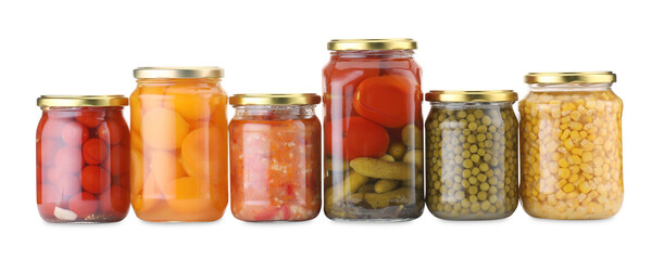 Many jars with different pickled products isolated on white