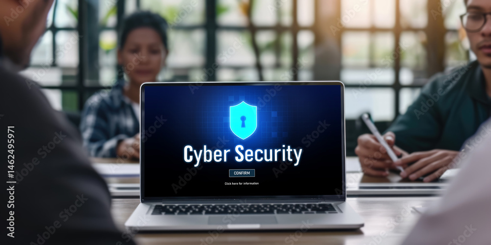 Poster cyber security system on computer screen protect private information brisk from hacker and cyber att