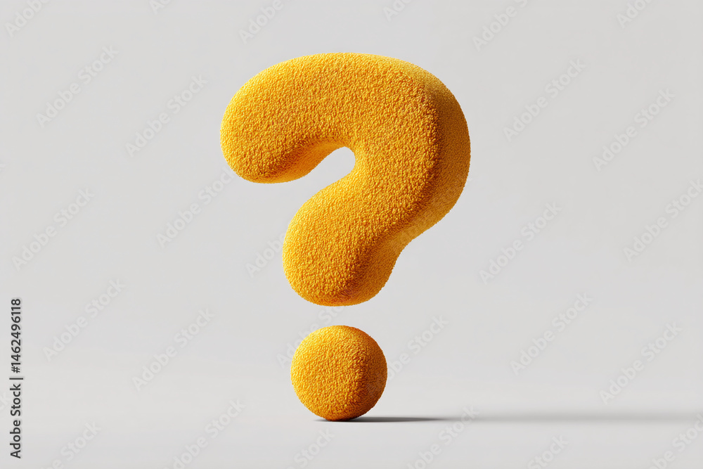 Poster fuzzy yellow question mark on gray background, 3d render, textured, symbolic of inquiry, curiosity, 