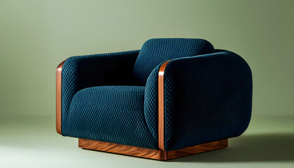 Dark blue velvet armchair with wood frame, sits on pale green background.  Modern design, comfortable seating