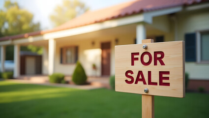 A 'for sale' sign infront of a house with lush green lawn, real estate, morgage, property concept