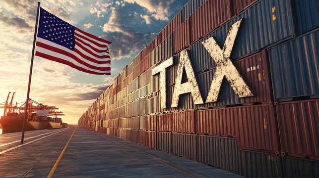 Cargo tax on import export, trade war with usa flag waving