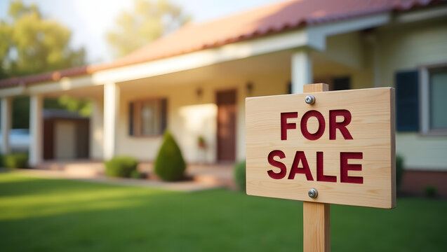 A 'for sale' sign infront of a house with lush green lawn, real estate, morgage, property concept