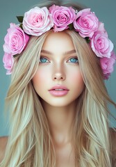 Naklejka premium This beautiful portrait features a woman with blonde hair and a delicate crown of pink roses, exuding elegance