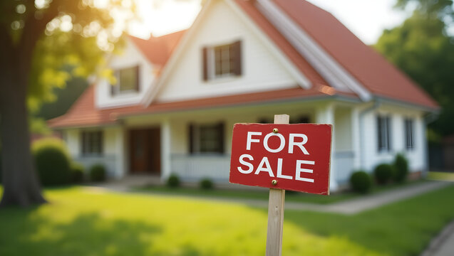 A 'for sale' sign infront of a house with lush green lawn, real estate, morgage, property concept