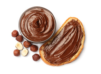 Toast with chocolate hazelnut spread and nuts isolated on white, top view