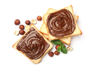 Toasts with chocolate hazelnut spread, nuts and mint isolated on white, top view