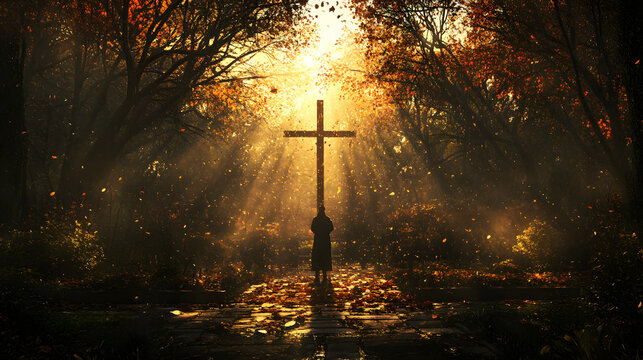 A peaceful Thanksgiving scene with a person standing in front of a cross in a serene garden, offering thanks to God for the blessings of the season.