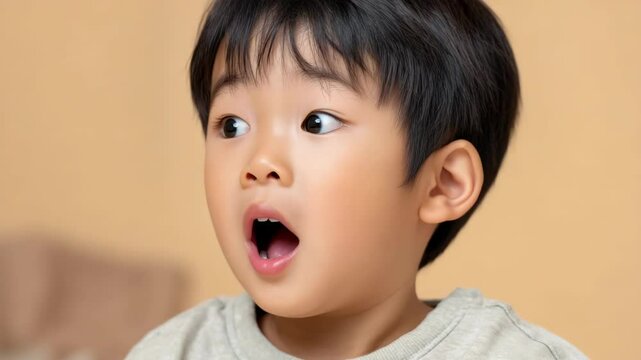 Surprised young Asian boy with mouth open staring wide-eyed at something unseen, expressive child with black hair, tan skin, light background, neutral shirt, kid's reactions