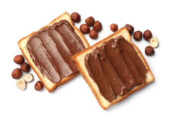Toasts with tasty chocolate hazelnut spread and nuts isolated on white, top view