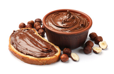 Toast with tasty chocolate hazelnut spread and nuts isolated on white