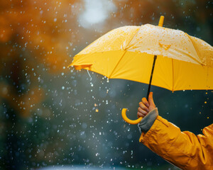 Hand in a yellow raincoat holds a yellow umbrella in raining par