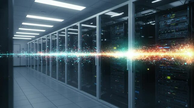 Server racks glowing in blue lights inside a modern data center