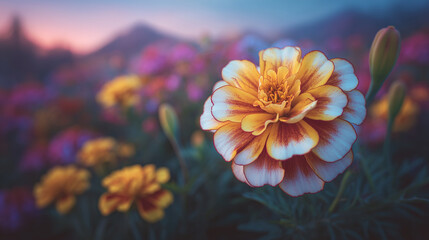 Fototapeta premium A beautiful marigold flower with blue and white petals, macro photography, high resolution, 