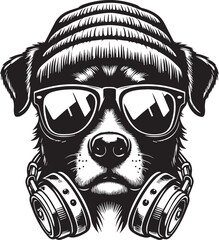 Cool Dog with Headphones, Sunglasses, and Beanie - Black and White Hipster Animal Illustration