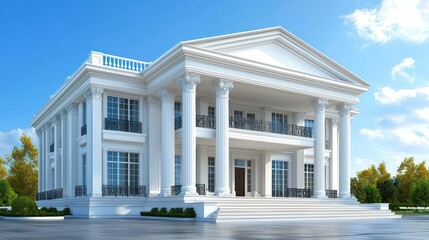 Grand, classical mansion under a vibrant sky