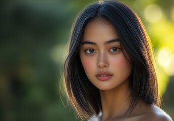 Naklejka premium The portrait features an Asian woman with long black hair standing in a tree-lined park