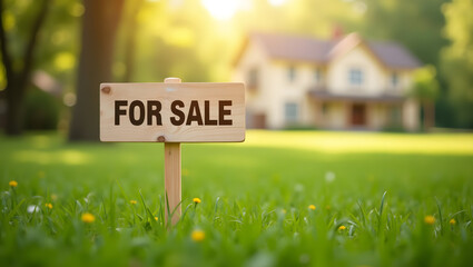 A 'for sale' sign infront of a house with lush green lawn, real estate, morgage, property concept