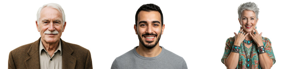 Fototapeta premium Diverse Group Portrait Featuring a Senior Male, a Young Middle-Eastern Male, and a Mature Female with Silver Hair, Set Against a transparent background