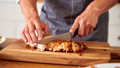 Hands Carving Turkey Breast on Rustic Board in Farmhouse Kitchen