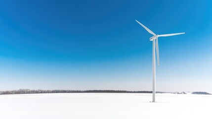 Fototapeta premium Snowy landscape with wind turbine under a vibrant blue sky