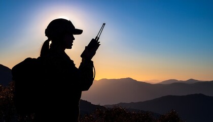 Silhouette of a soldier communicating in the mountains with military communication equipment