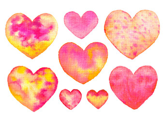 Colorful watercolor hearts in various sizes and colors