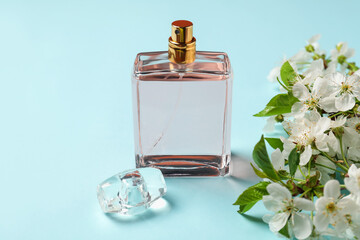 Bottle of aromatic perfume and twig with beautiful flowers on light blue background, closeup