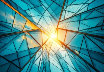 Fototapeta premium A sunny sky serves as the backdrop for modern abstract geometric architecture, highlighting its unique structure, sunlight interaction, and design philosophy