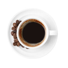 Aromatic coffee in cup, beans and saucer isolated on white, top view