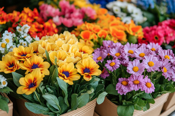 Obraz premium Vibrant Generative AI Floral Display Featuring Roses, Ranunculus, and Seasonal Flowers at a Flower Market