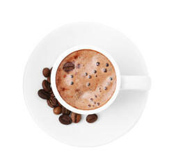 Aromatic coffee in cup, beans and saucer isolated on white, top view