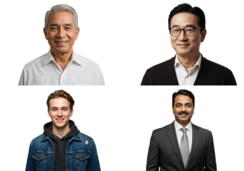 A Diverse Group of Four Males in a Studio Portrait: An Elderly Asian Man, a Middle-Aged Asian Man, a Young Caucasian Man, and a Young South Asian Man with Professional Attire and Casual Wear