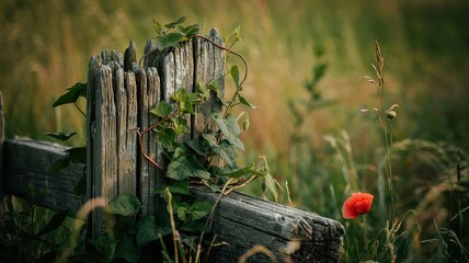Weathered Fence Post with Ivy and Poppy in Soft, Natural Light
