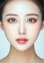 The face of an attractive Asian woman is highlighted in a close-up portrait, featuring her glowing complexion and skillfully applied makeup, symbolizing beauty