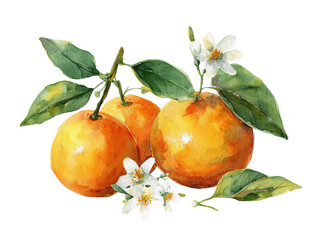 Beautiful set with watercolor fresh oranges with leaves and flowers in sunny Mediterranean style.clip art, isolated transparent background