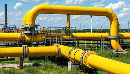 Industrial Pipeline Network Showing Yellow Pipes and Valve Structures Outdoors