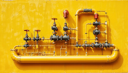 Industrial Pipeline Network Showing Yellow Pipes and Valve Structures Outdoors