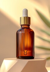 Naklejka premium Skincare product display showcasing amber glass serum bottles with droppers for cosmetic oil and health beauty mockup purposes