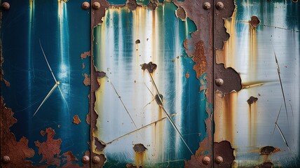 Weathered Metal Panel with Rust, Rivets, and Striking Blue and W