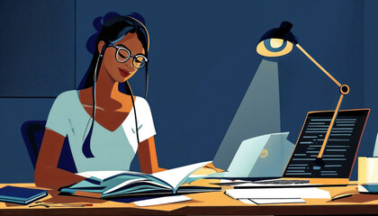 Young Woman Studying in a Library Environment with Books and Notebooks