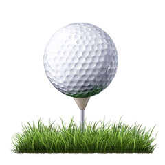 Golf ball placed on tee with green grass, isolated on transparent background