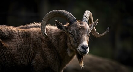 Fototapeta premium Portrait of a Wild Goat with Curved Horns