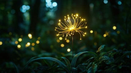 Fototapeta premium Illuminated flower design in a dark forest setting.