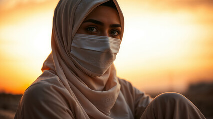 Portrait of a Woman in Hijab and Mask at Sunset