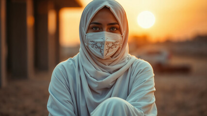 Portrait of a Woman in Hijab and Mask at Sunset