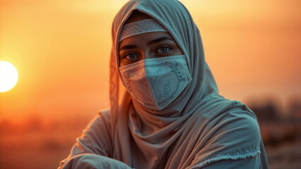 Portrait of a Woman in Hijab and Mask at Sunset